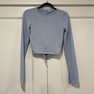 NA-KD Womens Cropped Long Sleeve Open‎ Back Top Light Blue Size XS